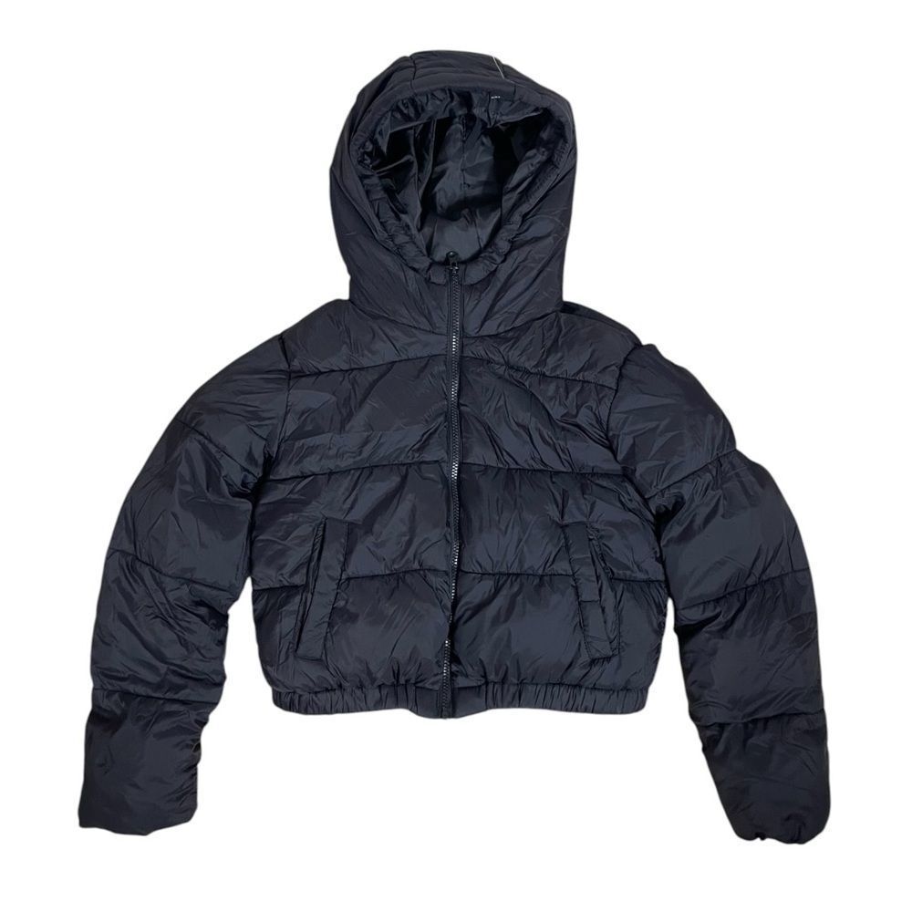 Cropped Puffer Jacket Women Small Black Hooded Lightweight Zip
